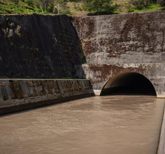 Estrutura de drenagem pluvial de concreto, com água escura escoando para um túnel entre paredes cobertas de musgo.
